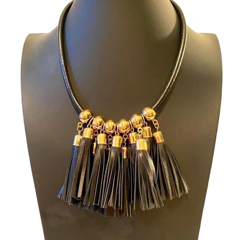 WHBM Gold & Black Leather Fringe Statement Necklace.